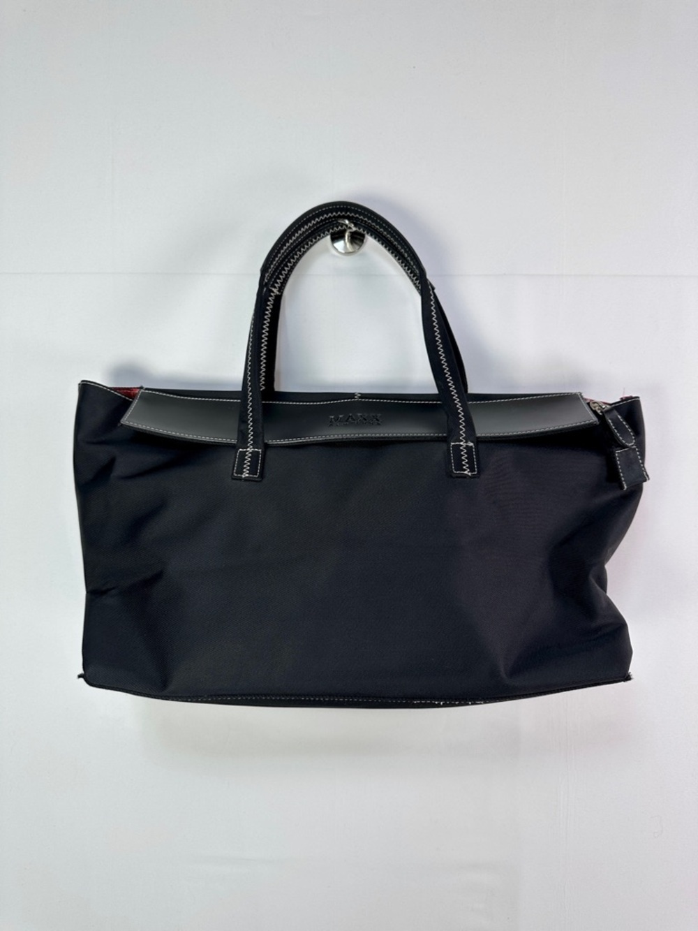 Maxx New York Black Nylon Tote Bag Zip Top Red Plaid Lining Travel Work Commute